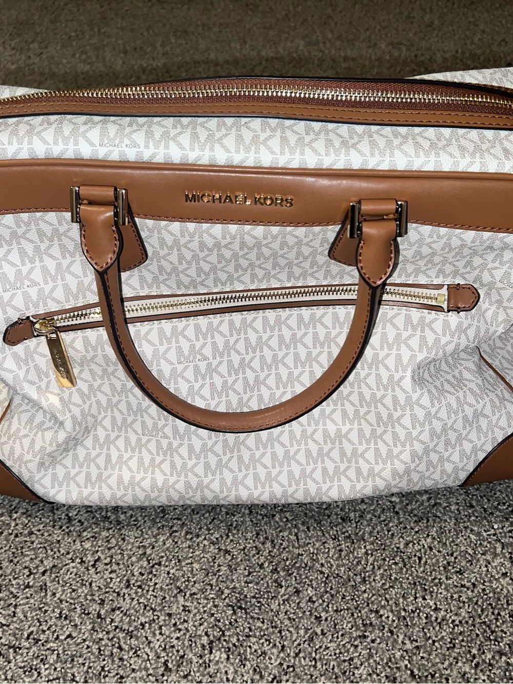 Michael Kors White & Brown Logo Satchel with Gold Hardware